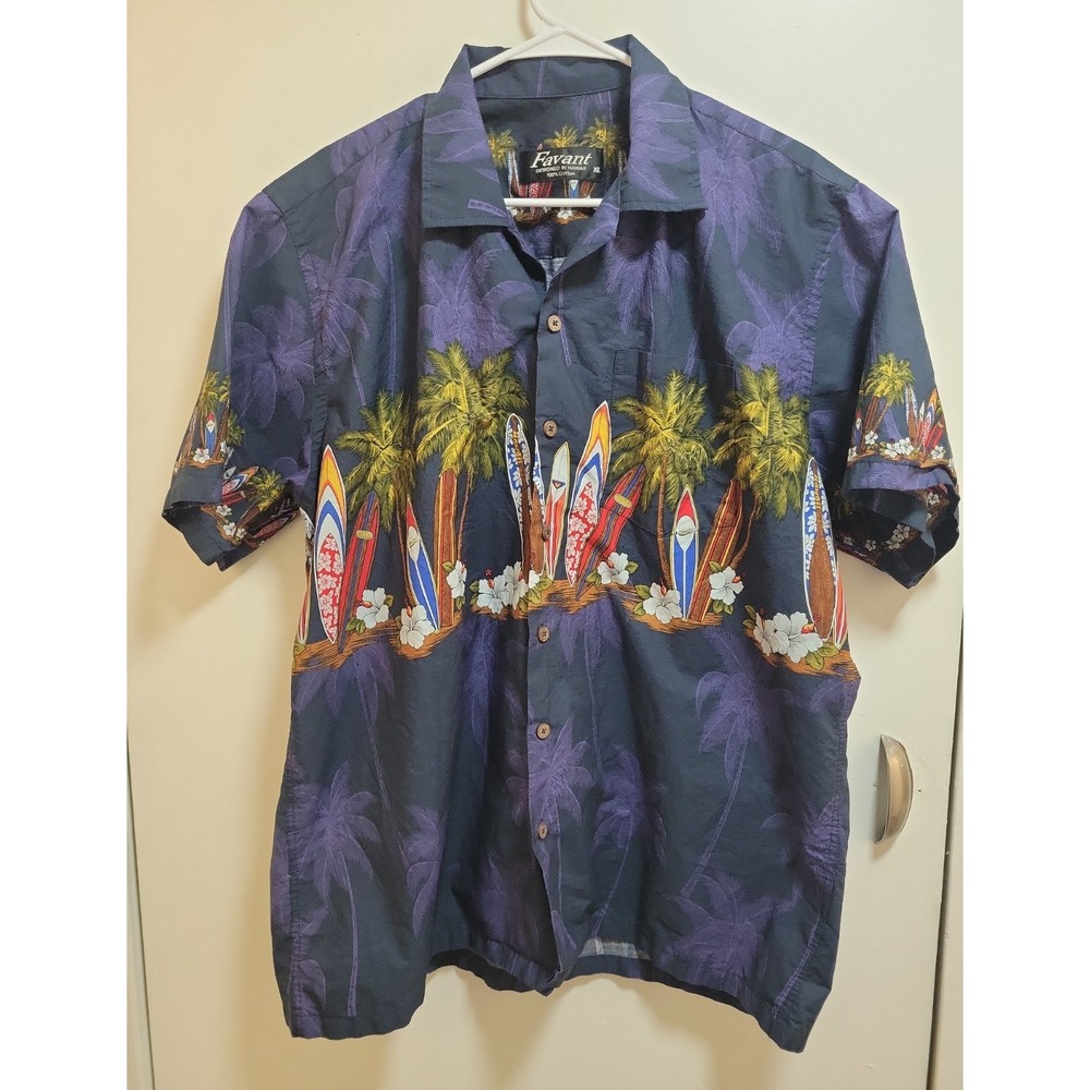 Favant Men's Blue/Purple Hawaiian Tropical Graphic Short Sleeve Button-Up Sz XL